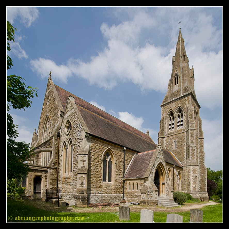 St Mary's Church, Mortimer, seen from behind the churchyard.